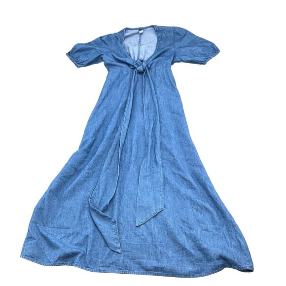 Old Navy Dress Women‎ Small Blue Bow Midi Peasant Boho Chambray Cotton NWT - Picture 1 of 14